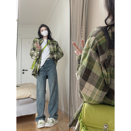 Korean style lazy style green plaid shirt for women spring and summer long-sleeved loose Polo collar temperament casual sun protection shirt trend