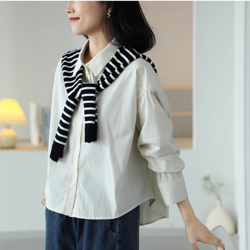 Korean version 2024 autumn pure cotton shirt jacket women's lapel casual versatile loose slim long-sleeved shirt for women