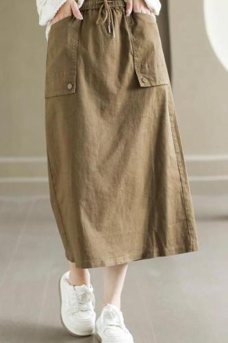 New autumn style simple cotton design skirt women's elastic waist drawstring slit straight skirt