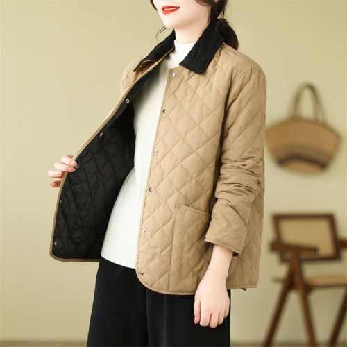 2024 new winter short thin cotton jacket for women Korean style small rhombus design niche cotton jacket