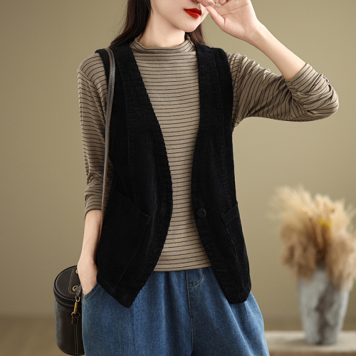 Solid color V-neck corduroy vest for women new 2024 autumn new suit vest jacket