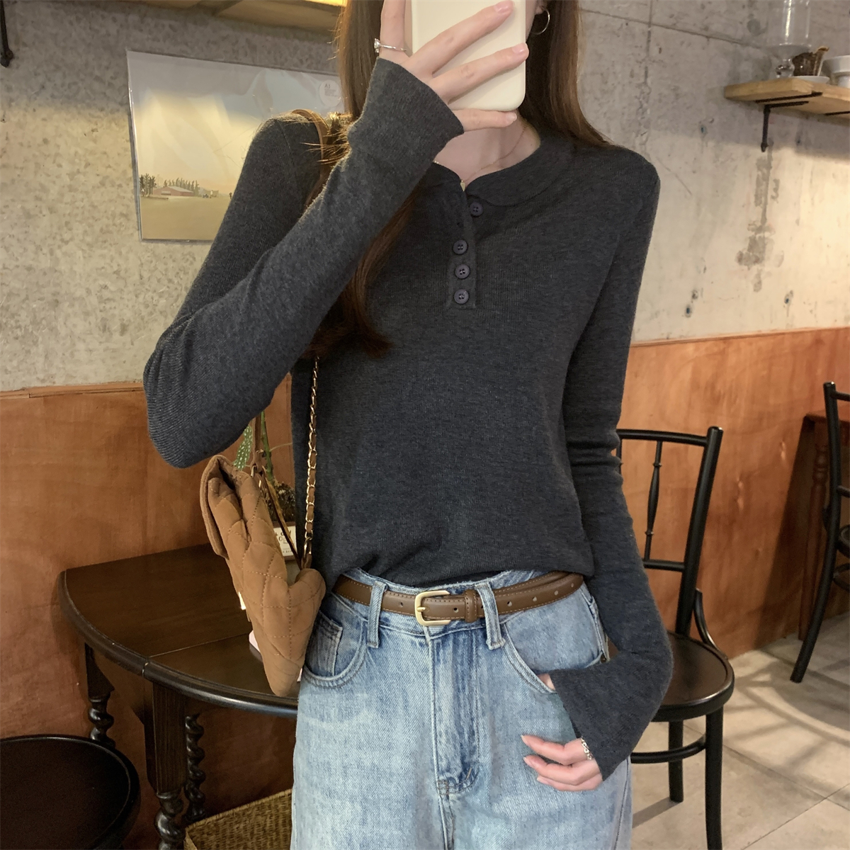 Actual shot of autumn and winter Korean style round neck button versatile simple soft waxy 6 wool knitted long-sleeved bottoming shirt top