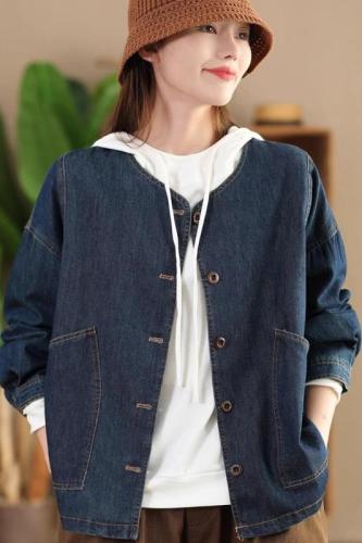 Autumn soft cotton denim jacket women's fashionable large pocket loose outer top casual cardigan