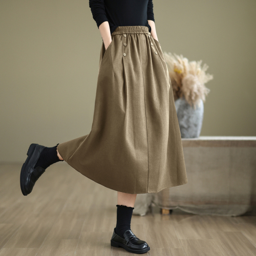 2024 Autumn and Winter Retro Woolen Loose Large Size Skirt Women's Elastic Waist Mid-Length A-Line Skirt