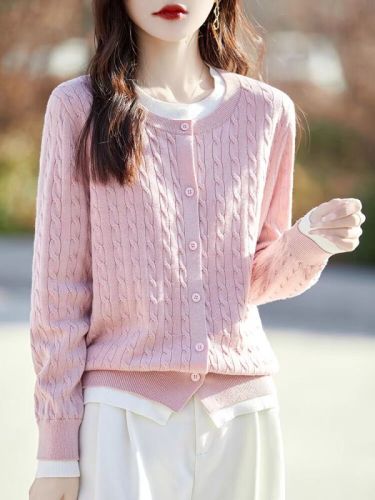 Retro twist contrast fake two-piece knitted cardigan women's sweater French layered high-end top