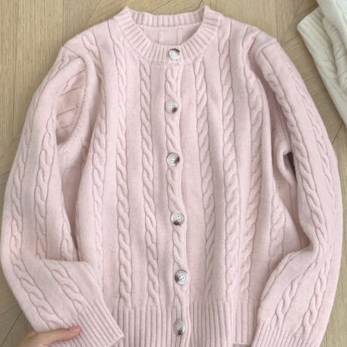 Sheepmere #Pink Twist Knitted Cardigan Women's 2024 Slim Long Sleeve College Style Top Short Sweater Jacket