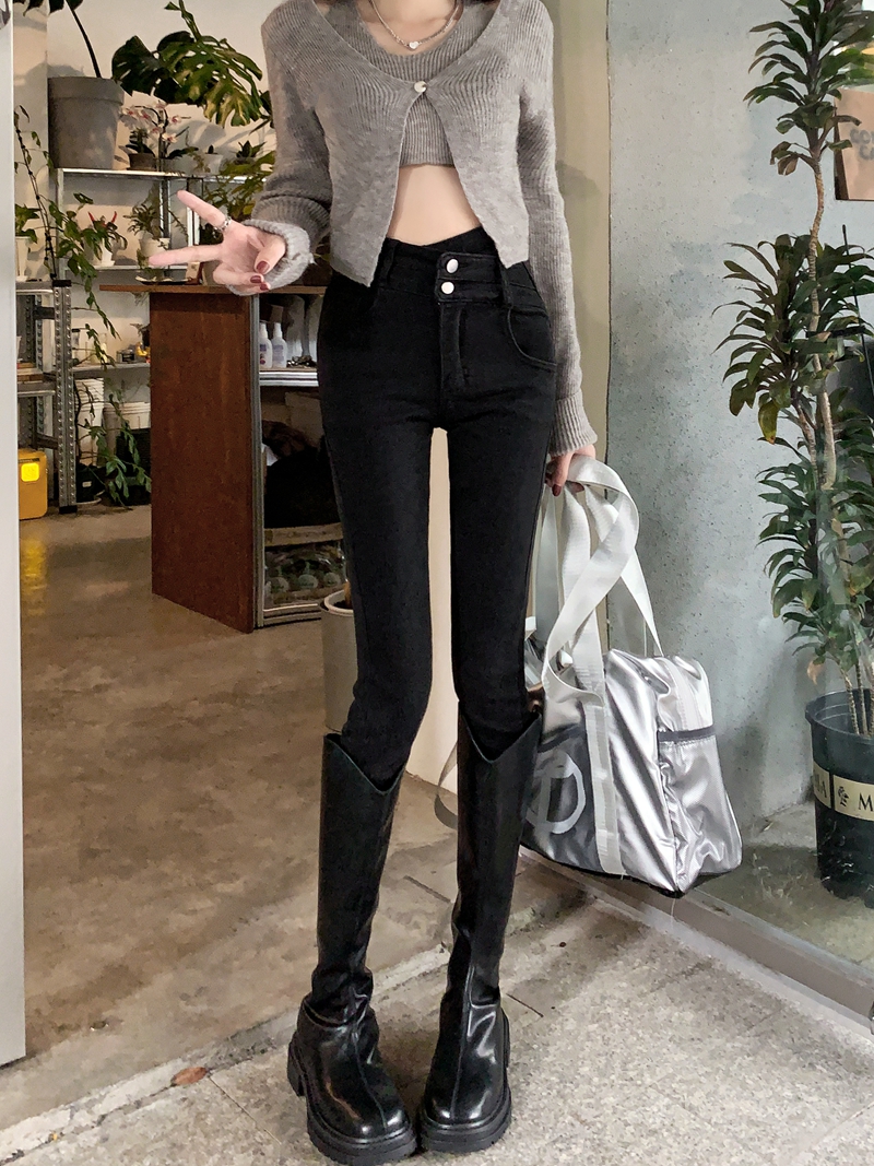 實拍#黑色彈力緊身牛仔褲女斜腰兩粒扣鉛筆小腳褲子