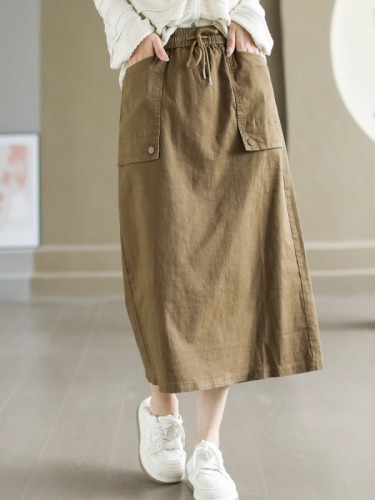 New autumn style simple cotton design skirt women's elastic waist drawstring slit straight skirt