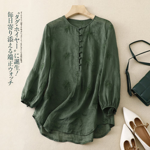 Heavy embroidery ramie shirt women's 2024 new autumn Korean style design loose casual shirt top