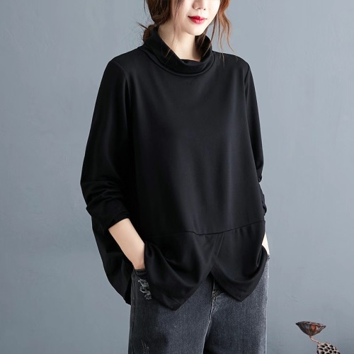 Real shot of 2024 autumn new literary retro casual splicing loose long-sleeved T-shirt high-neck bottoming shirt