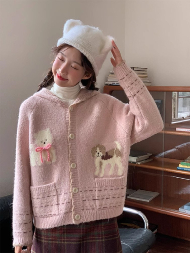 Strawberry Pink Puppy Hooded Knitted Cardigan Short Jacket Women 2024 New Loose Sweater Long Sleeve Cartoon Animal