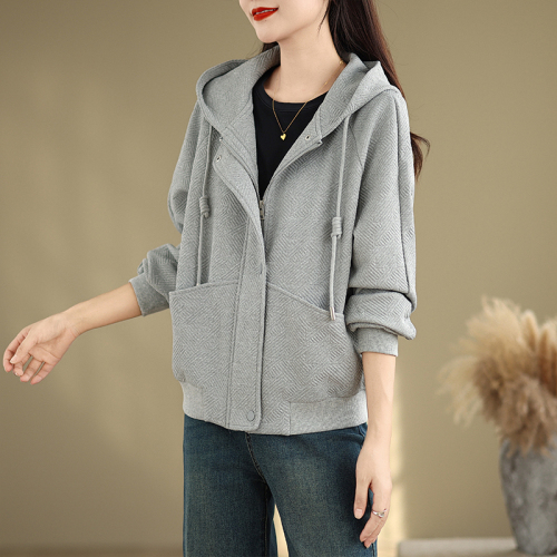 Silk cotton gray hooded jacket for women 2024 new autumn hot style casual simple versatile top