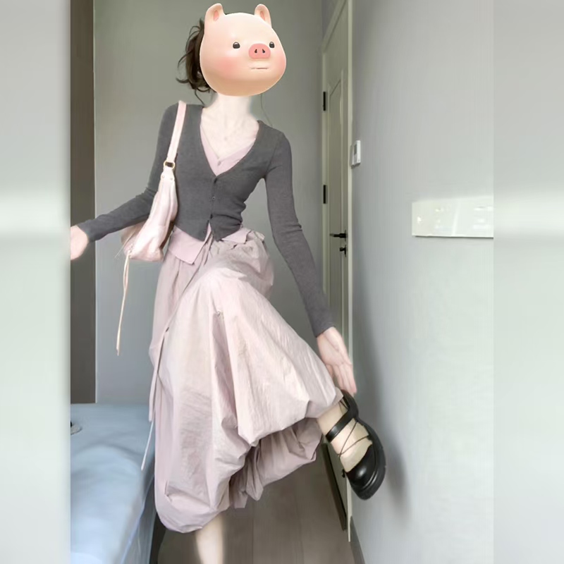 早秋穿搭韓風套裝一整套連衣裙子女2024新款設計感撞色長裙兩件套