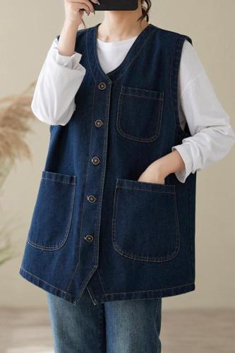 Japanese retro multi-pocket workwear denim vest loose casual top short coat vest