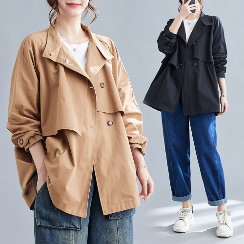 New Korean Style Casual Stand Collar Mid-Length Windbreaker Literary Casual Loose Jacket