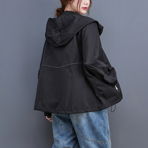 Autumn Clothing 2024 Women's Korean Style Loose Large Size Zipper Pocket Hooded Exposed Thread Short Jacket Windbreaker