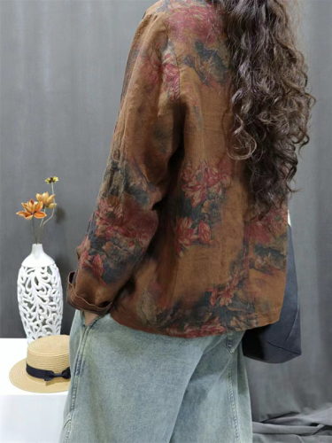 2024 Autumn New Cotton and Linen Printed Casual Short Jacket Loose Bat Sleeve V Neck Button Top for Women