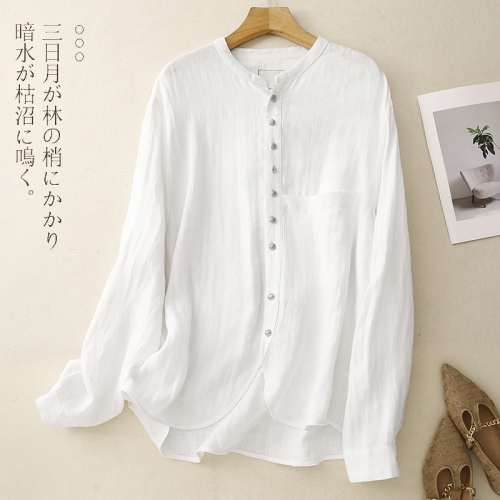 2024 autumn new cotton and linen large size loose big pocket artistic long-sleeved shirt