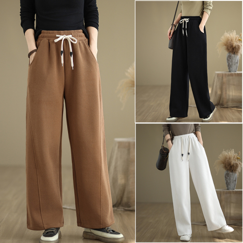 2024 Winter Velvet Casual Loose Wide Leg Pants Trousers High Waist Solid Color Straight Leg Sweatpants