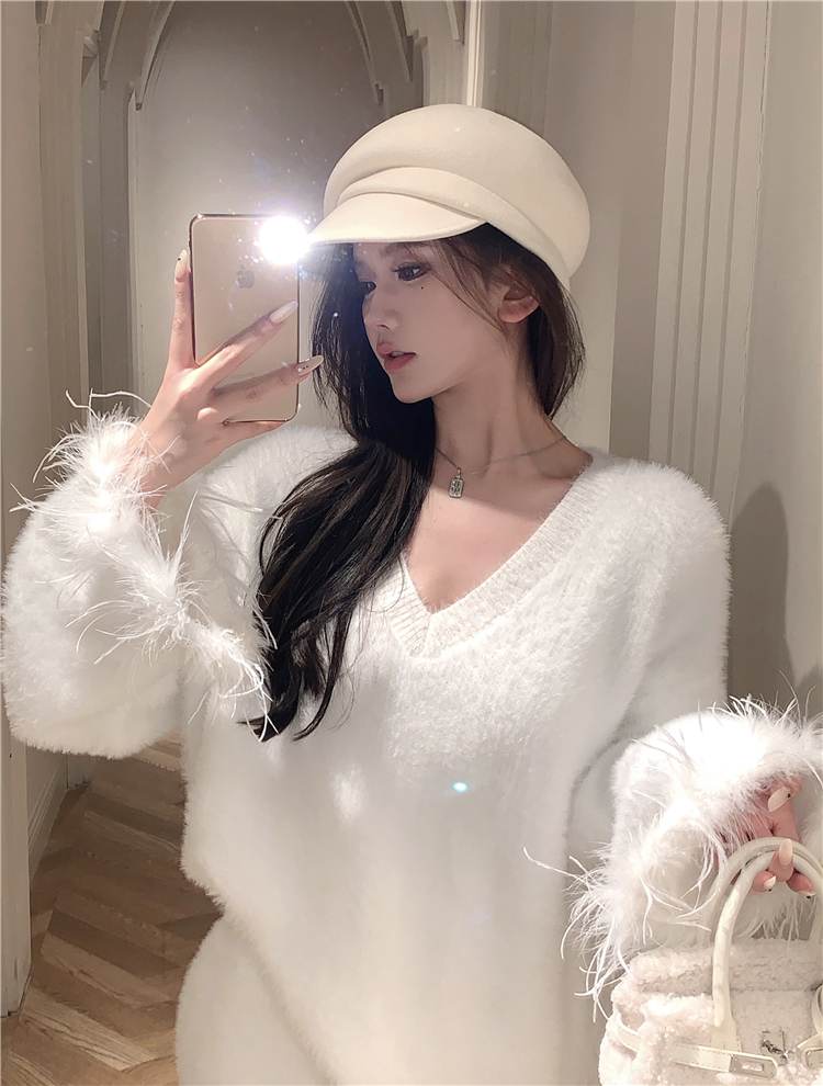 Real shot!  Soft and waxy loose mink velvet sweater women's suit high-waisted slimming skirt two-piece autumn and winter set