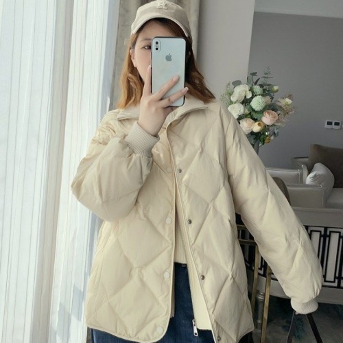 2024 Autumn and Winter Off-White Cotton Clothes Diamond Pattern Splicing Small Short Warm Stand-up Collar Cotton Jacket Coat for Women