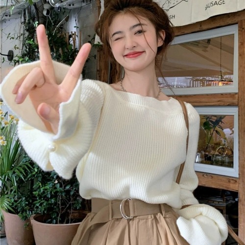 Sheep velvet design niche off-shoulder sweater for women autumn and winter warm and soft waxy loose knitted sweater top