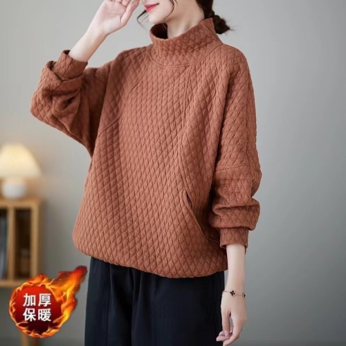 2024 Winter New Artistic Sweater Women's Diamond Solid Color Loose Pullover High Neck Drawstring Bottoming Shirt Top