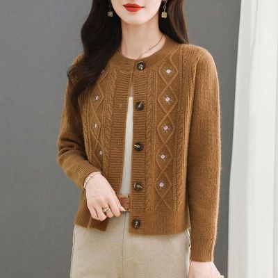 2024 new style knitted cardigan for women, fashionable embroidered sweater for spring and autumn wear, round neck, foreign style, loose and versatile jacket