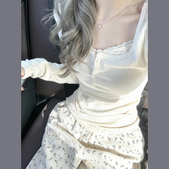 White lace floral inner bottoming sweater autumn and winter slim fake two-piece long-sleeved T-shirt women's top