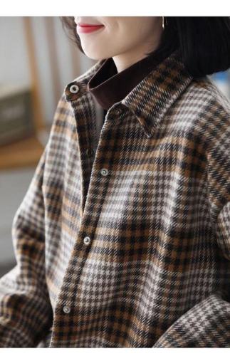 Jacket women's new spring and autumn jacket literary plaid casual loose mid-length without velvet