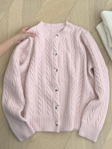 Sheepmere #Pink Twist Knitted Cardigan Women's 2024 Slim Long Sleeve College Style Top Short Sweater Jacket