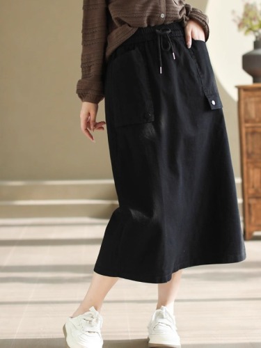 New autumn style simple cotton design skirt women's elastic waist drawstring slit straight skirt