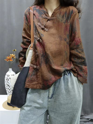 2024 Autumn New Cotton and Linen Printed Casual Short Jacket Loose Bat Sleeve V Neck Button Top for Women