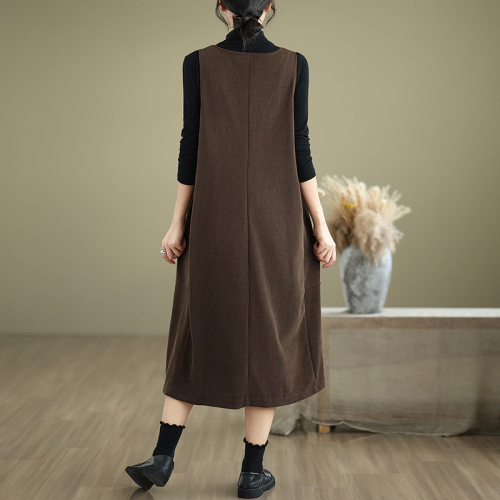 Autumn and winter loose large size V-neck versatile mid-length dress for women casual women's vest dress jacket