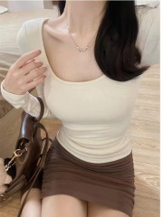 Non-real shot detachable chest pad slim-fit square-neck soft T-shirt autumn/winter base layer basic innerwear long-sleeved top