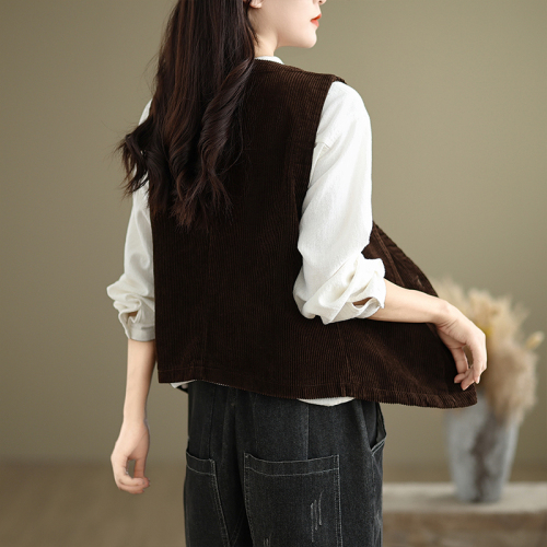 Solid color V-neck corduroy vest for women new 2024 autumn new suit vest jacket