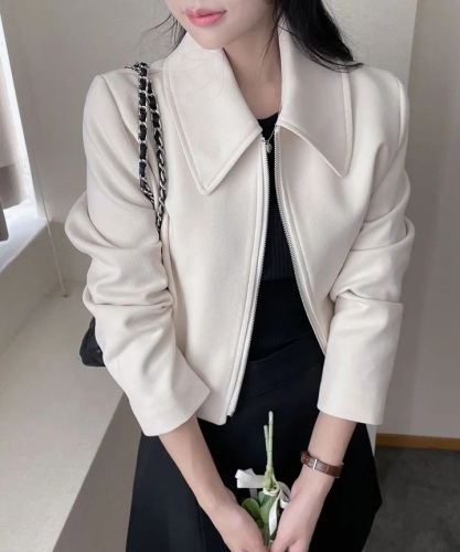 chic Korean style autumn and winter simple temperament lapel zipper long sleeve versatile short jacket small coat