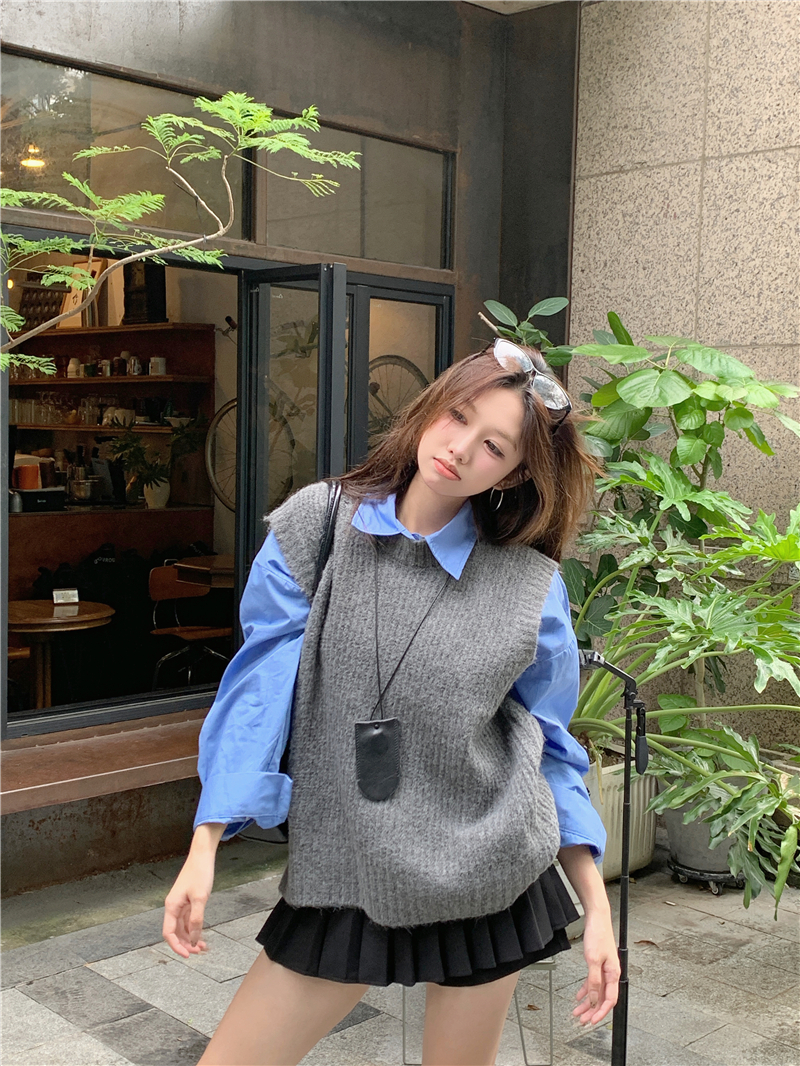 Photographed Korean-style temperament versatile turtleneck loose vest sweater blue long-sleeved shirt two-piece set