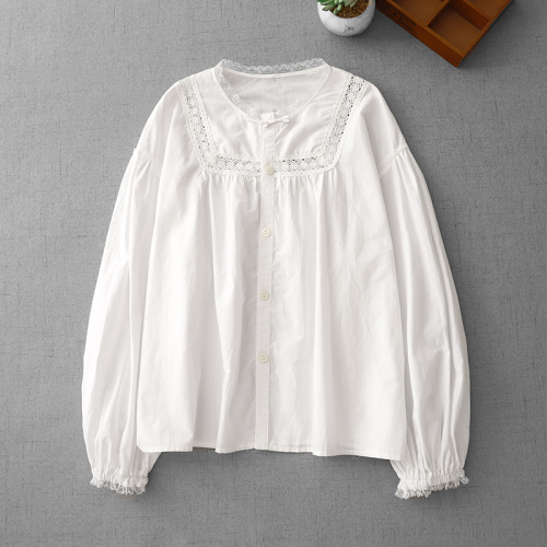 2024 Autumn New Lace Spliced ​​Babydoll Shirt Loose Small Fresh White Shirt Comfortable Large Size