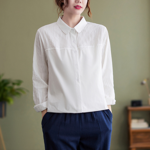 White cotton and linen shirt for women plus size plus size 200 pounds fat mm pure cotton literary versatile shirt trendy