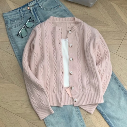 Sheepmere #Pink Twist Knitted Cardigan Women's 2024 Slim Long Sleeve College Style Top Short Sweater Jacket