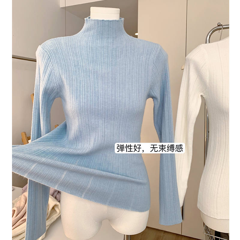 baby藍半高領針織打底衫女2024新款秋冬加厚內搭毛衣修身顯瘦上衣