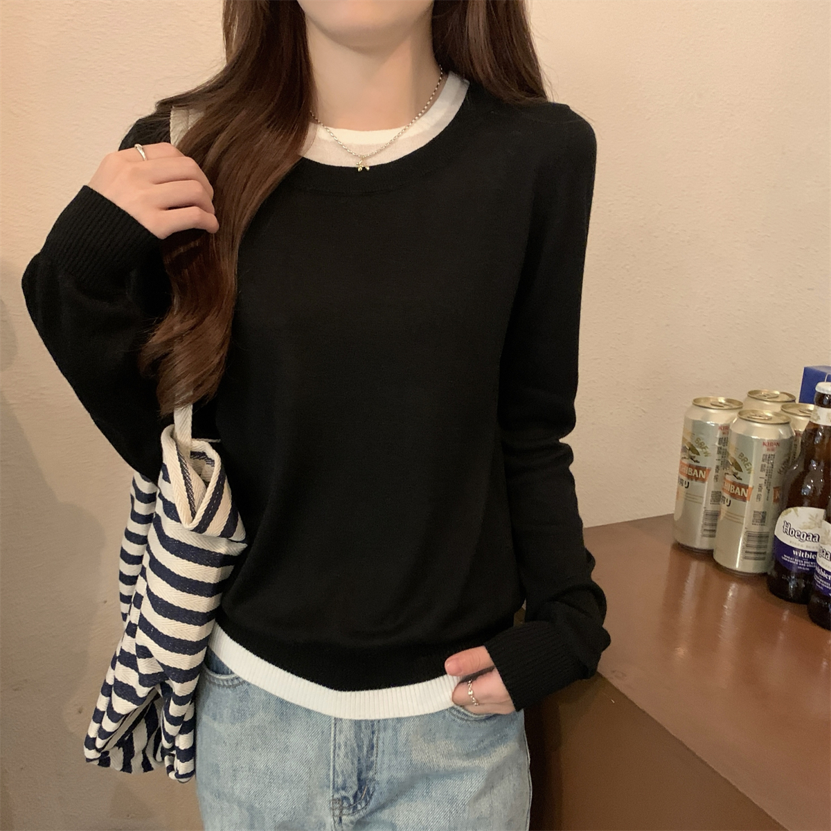 Real shot of autumn and winter Korean style round neck contrasting color temperament 6 wool fake two-piece knitted long-sleeved bottoming top for women