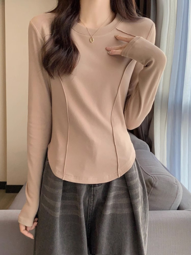 White long-sleeved bottoming shirt for women in spring, autumn and winter, short fishbone top, slim-fitting, western-style brushed T-shirt