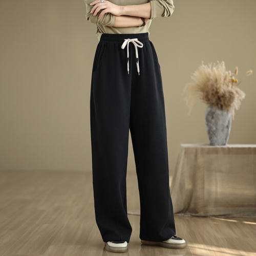 2024 Winter Velvet Casual Loose Wide Leg Pants Trousers High Waist Solid Color Straight Leg Sweatpants