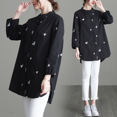 Embroidered black shirt for women 2024 autumn new style artistic retro long-sleeved shirt mid-length