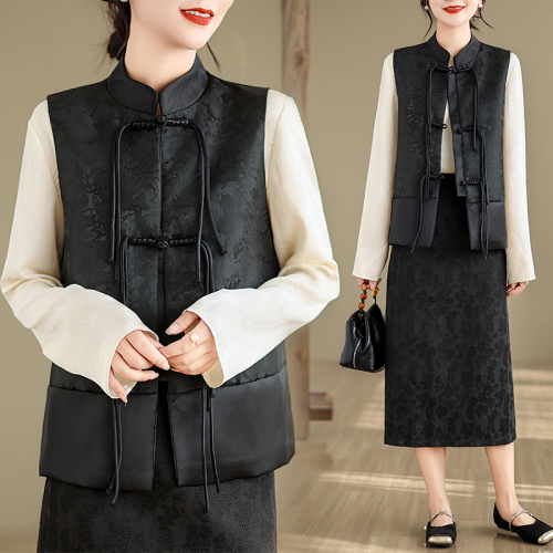 New Chinese style black jacquard vest jacket for women spring and autumn tassel buckle waistcoat top