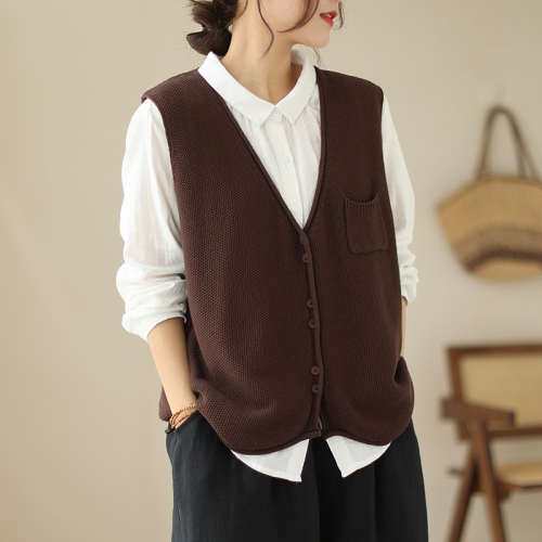 2024 Autumn Literary V-neck Knitted Vest Women's Solid Color Loose Retro Large Size Sleeveless Waistcoat