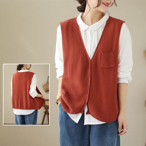 2024 Autumn Literary V-neck Knitted Vest Women's Solid Color Loose Retro Large Size Sleeveless Waistcoat