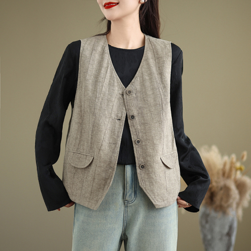 Japanese retro dirty dyed v-neck cotton and linen vest for women 2024 new khaki stacked vest